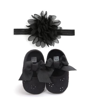 MACHSWON Baby Girls First Walking Shoes Bow-Knot Mary Jane Flats Elastic Band Soft Cotton Anti-Slip Soft-Soled Princess Christening Shoes Infant Girls Outdoor Shoes with Headband 12-18 Months Black