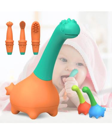3-in-1 Teething Toys for Babies 0-4 Years  Dinosaur Silicone Teether & Baby Toothbrush & Baby Tongue Cleaner Set  BPA Free  Helps Soothe Sore Gums & Toothbrush Training Set for Infant Kids -G&R Green & Red