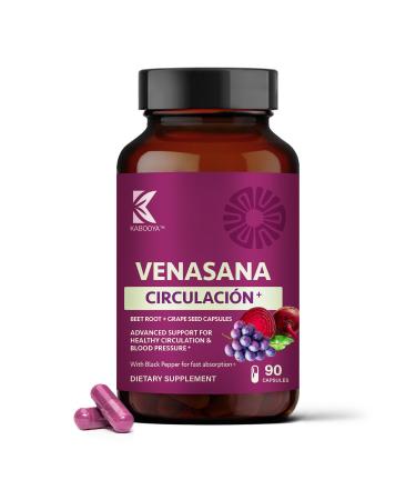 Kabooya Venasana Circulacion Beet Root Capsules Dual Action Support for Healthy Circulation & Blood Pressure | 1 000mg Non-GMO Beetroot with Grape Seed Extract 60 Capsules (30 Servings)