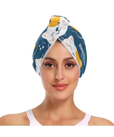 Cute Cat with Fish Hair Towel 2 Pack Super Absorbent Hair Drying Towel Quick Dry Hair Turbans Head Towel with Button Twisty Wrap for Women Girls