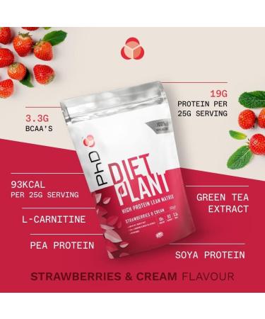PhD Nutrition Diet Plant Vegan Protein Powder Plant Based Strawberries and Cream 19g of Plant Protein 20 Servings Per 500g Bag Strawberry and Cream 500 g - Buy Online on GoSupps.com
