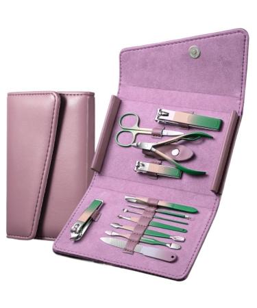Nail Clipper Set Complete Gradient Nail Clipper 12-Piece Manicure Set Box Portable Personal Care Tools (Color : Purple)