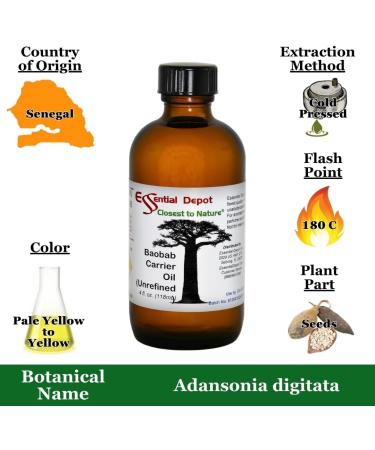 Buy Baobab Unrefined Carrier Oil - Non-GMO Vegan 4 oz - GC/MS Tested Amber Glass Bottle - International Shipping - Buy Online on GoSupps.com