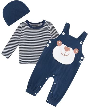 Baby Boys 3pcs Cotton Romper Outfit Set with Hat, Blue, 0-3 Months - Buy Online on GoSupps.com
