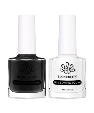 BORN PRETTY Nail Art Stamping Polish White Black Manicure Image Stamp Polish Set Print Polish Varnish 2 Bottles Black White Stamping Polish