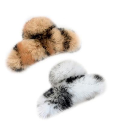 2PCS Large Faux Fur Hair Claw Clip for Women 5.9 Inches Winter Fluffy Fuzzy Hair Clips Nonslip Strong Hold Furry Big Jaw Clamp for Thick Long Hair (Mix-colour#1-2PCS)