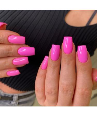 Hot Pink Press on Nails Medium Square SXVME Natural Acrylic Glue on Nails Medium Length Coffin Nails Press ons Medium Short Gel Nails Thick Reusable Fake Nails Solid Color 24 False Nails glossy hot pink