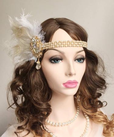Chmier 1920s Flapper Feather Headband with Crystal Pearl Chain - White Feather Roaring 20s Headpiece for Prom, Party, Festival - Gatsby Hair Jewelry for Women - Buy Online on GoSupps.com