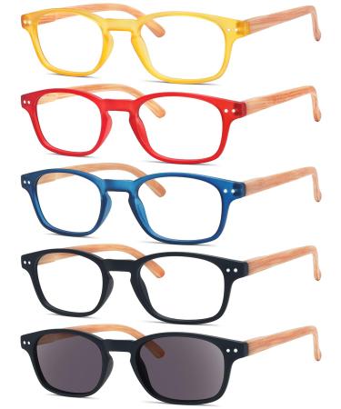 Eyekepper 5-pack Spring Hinge Wood-grain Printed Arms Reading Glasses Includes Sunshine Readers +1.5 +1.50 5 Pairs Mix(1 of Each Color)