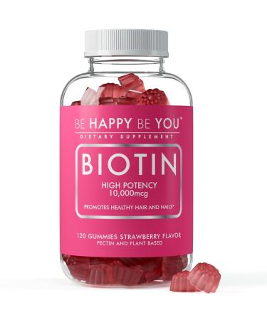 Be Happy Be You Biotin Gummies 10,000mcg 120 Count Supports Healthy Hair & Stronger Nails Fast Absorption Supplement for Men & Women Vegan, Non-GMO, Pectin, Gelatin Free Made in USA