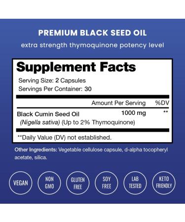 Premium Vegan Black Seed Oil Capsules with Thymoquinone, Vitamin E & Omega 3 6 9 - Buy Online on GoSupps.com