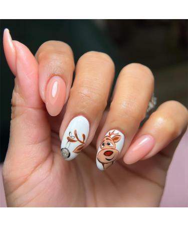 Rosarden Almond Medium Long False Nails - French Tip Fake Nails Christmas Cartoon False Nails with Glue Stickers Oval Acrylic Full Cover Glue on Nails for Women and Girls
