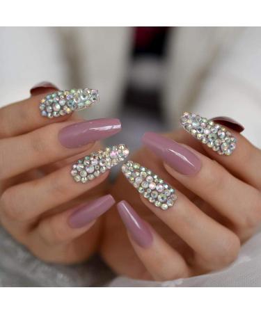 HUJL 3D AB Gem Super Long Ballerina Coffin Nail Extensions - Shiny Pink/Purple Artificial Nails for Stunning Manicures | International Shipping - Buy Online on GoSupps.com
