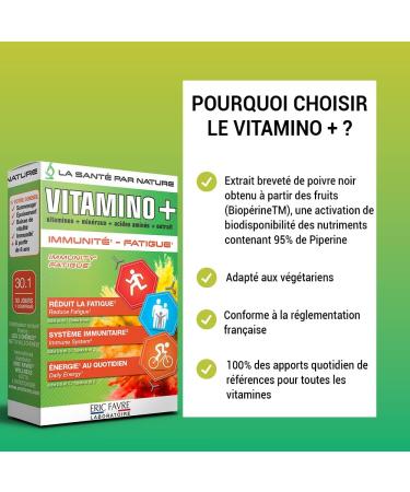 MULTIVITAMIN AND MINERAL COMPLEX Vitamino+ - High Absorption - Vitamins A B C D3 E Minerals Amino Acids Zinc - Immunity Fatigue - 30-Day Program - Eric Favre French Laboratory - Buy Online on GoSupps.com
