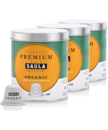Café Saula, Pack of 3 boxes, 60 compostable capsules. 100% organic coffee. Nespresso® compatible