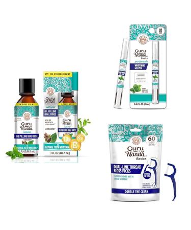 GuruNanda Travel Oral Care Bundle: Coconut Oil Pulling Mouthwash (3 oz) with 7 Essential Oils Teeth Whitening Pen (0.06 fl oz) & Dual Line Floss Picks (60 ct) for Effective Plaque Removal