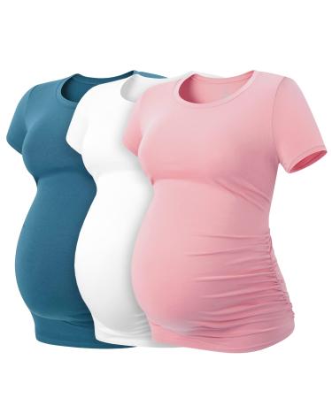 LAPASA Women's Maternity Tops Soft Modal Cotton Pregnancy Tshirts Side Ruched Crew Neck Short Sleeve Tees L55 L Dark Green+pink+off White