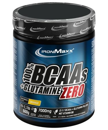 Ironmaxx 100% BCAAS + GLUTAMINE ZERO - ORANGE 500G |Veganes and sugar -free amino acids powder with vitamin B6 |6000 mg BCAA's and 1000 mg glutamine per portion - Buy Online on GoSupps.com