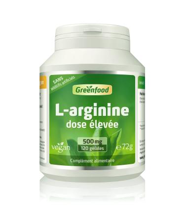 Greenfood L-Arginine, 500 mg, high dose, vegan, 120 capsules - NO additives. No genetic engineering.