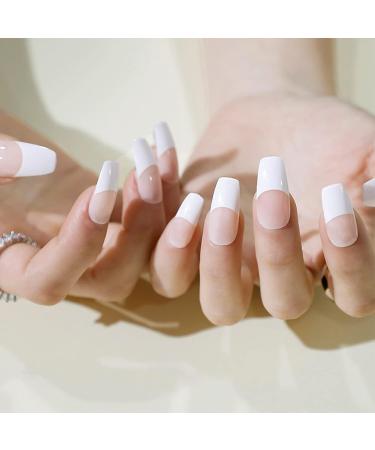 YOSOMK French Tips Press on Nails Medium Nude Coffin Fake Nails - Full Cover Ballerina Stick on Acrylic Nails for Women - Buy Online on GoSupps.com