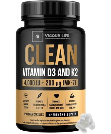 Clean Vitamin D3 K2 -No Binders No Cracking Agents- High Strength Vitamin D3 4000 IU & K2 MK7 200 g 4 Month Supply of Easy to Swallow Vitamin D Capsules Vegetarian D 3 and K 2 Vitamin Supplement