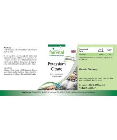 Fairvital | Citrate de Potassium - Boite pour 3 mois - Fortement dos - VEGAN - 270 g lules - Buy Online on GoSupps.com