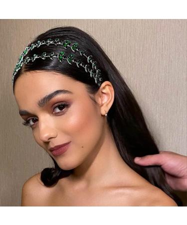 IYOU Crystal Wedding Headband Crown Sparkly Rhinestone Green Double Layer Headpiece Tiara Bridesmaid Guest Queen Hair Accessories for Women - Buy Online on GoSupps.com