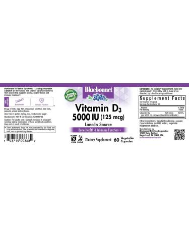 Bluebonnet Nutrition Vitamin D3 125 mcg (5000 IU) - 60 Vegan Capsules for Immune Support - Buy Online on GoSupps.com