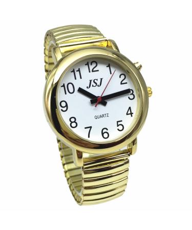 English Talking Watch for Blind People or The Elderly and Visually Impaired People wi th Alarm of Quartz Talking Date and Time Golden Color White Face