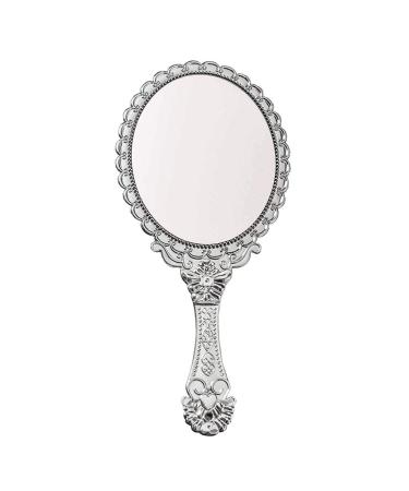 BAOZOON Vintage Hand Mirror with Handle - Cute Cosmetic Handheld Mirror Vanity Makeup Mirror Travel Mirrors 9.8x4.5in (Silver)