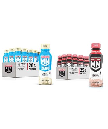 Muscle Milk Zero Protein Shake Vanilla Cr me 20g Protein Zero Sugar 100 Calories Calcium & Genuine Shake Strawberry 11.16 Fl Oz Bottles (Pack of 12)