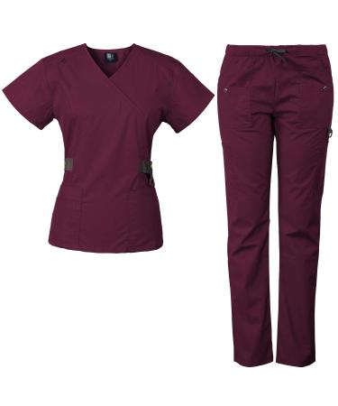 Medgear 12-Pocket Women's Scrub Set with Silver Snap Detail & Contrast Trim Burgundy Medium