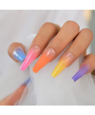 Colorful Ombre Rainbow French Coffin False Nails - Long-lasting, Reusable, Summer Shades | L5880 - Buy Online on GoSupps.com