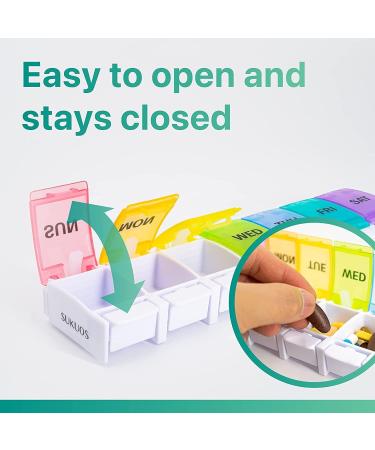 Sukuos Large Weekly Pill Organizer - 7 Day Portable Pill Box for Medications Vitamins & Supplements | Easy Push Button Rainbow Design - Buy Online on GoSupps.com