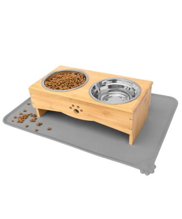 Raised Dog Bowls Stand for Small to Medium Dogs, Bamboo Elevated Dog Food and Water Bowls Feeder Holder 5" tall with mat Bamboo