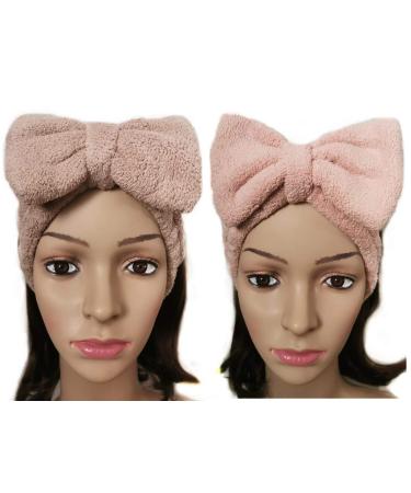 yaocoral 2 pack Microfiber Headband Fleece Bow Headbands for Women Soft Fluffy Hairbands Headbands for Washing Face Spa Makeup Cosmetic Facial Mask Shower Skincare (pink+coffee)