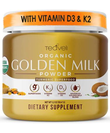 Organic Golden Milk Powder with Vitamin D3 & K2  Turmeric  Ginger  KSM66 Ashwagandha & 9 Superfoods  Delicious Sugar Free Alternative to Gummies - Turmeric Tea Latte to Support Sleep  Bones & Muscles