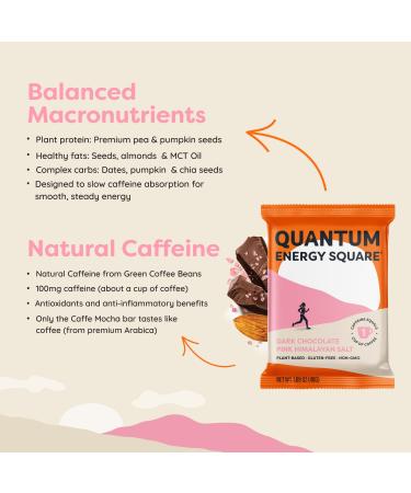 QUANTUM Energy Square | Organic Caffeinated Energy Protein Bars | Plant Based 10g | Gluten-Free Vegan Snack Bar with Dark Chocolate Pink Himalayan Sea Salt | 8 Pack - Buy Online on GoSupps.com
