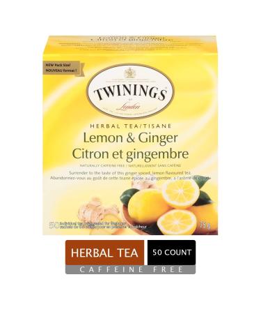 Twinings Lemon & Ginger Herbal Individually Wrapped Tea Bags | Naturally Caffeine-Free | Invigorating Ginger Spiced & Lemon Herbal Tea | 50 Count (Pack of 6) | Enjoy Hot or Iced Ginger Lemon 50 Count (Pack of 6)