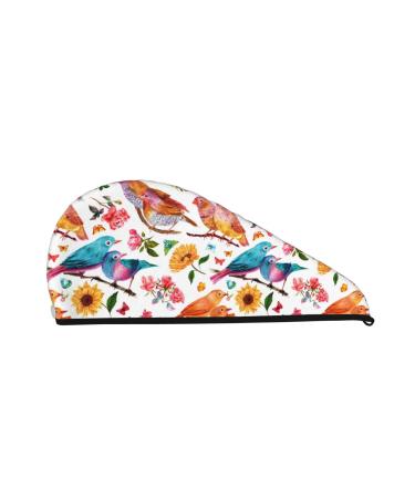 Hair Towel Wrap Hair Drying Towel with Button Towel Turban Head Towel to Dry Hair Quickly (Flowers Birds and Butterflies)