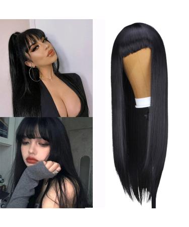 Long Straight Wig With Bangs 26 Inch Natural Black Heat Resistant Synthetic Wig With Bangs For Fashion Women to Wear Everyday to Date Parties and Cosplay Halloween(Natural Black) A-Natural Black