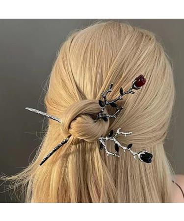FRCOLOR Metal Chopsticks Flower Hair Accessories Rose Flower Hair Sticks Flower Hair Pin Retro Hair Chopstick Bun Hair Holder Valentines Day Black+Red Metal Chopsticks Flower Hair Accessories - Buy Online on GoSupps.com