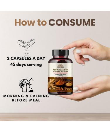 Hebhac Herbs Ashwagandha Capsules 90 Capsules 1000mg with Turmeric Ginger Apple Cider Vinegar and Black Pepper Extract | GMO Free Gluten Free Vegan | 45 Days Supply. - Buy Online on GoSupps.com