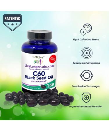C60live Carbon 60 & Black Seed Oil Antioxidant Supplement - 150 Gel Capsules for Blood Pressure, Cholesterol, Liver Support - Natural Ingredients - Buy Online on GoSupps.com