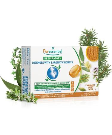 Puressentiel Respiratory Lozenges - 18 Honey Aromatic Lozenges - Sore Throat Relief with Eucalyptus & Cardamom Oils - Gluten-Free - Buy Online on GoSupps.com