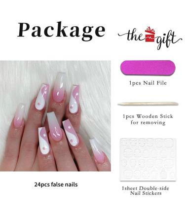 Runrayay Pink & White Press on Nails - 24Pcs Coffin Fake Nails for Nail Art & Manicure | Women's Acrylic Nail Decorations - Buy Online on GoSupps.com