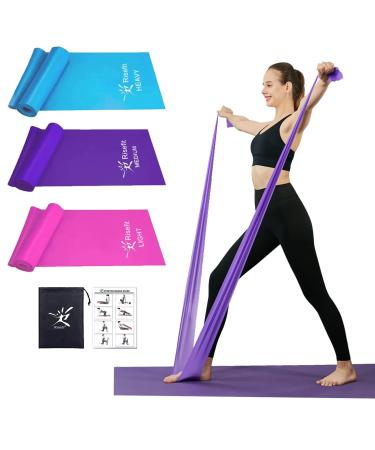 Therapy Flat Resistance Bands Set, Latex Free Flat Elastic Exercise Stretch Bands for Stretching, Flexibility, Pilates, Yoga, Ballet, Gymnastics, Rehab, Workout, Pink, Purple, Blue (3 Pack, 5 FT long)