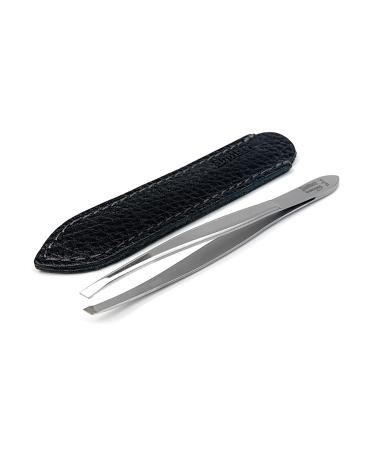 Shpitser Eyebrow Tweezers German Stainless Steel Ceramic Blasted Slanted Tip Leather Case (Black)