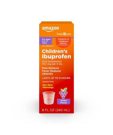 Amazon Basic Care Children's Ibuprofen Oral Suspension 100 mg per 5 mL, Pain Reliever and Fever Reducer, Grape Flavor, For Minor Aches, Sore Throat, Headache Relief and More, 8 fl oz (Pack of 1)