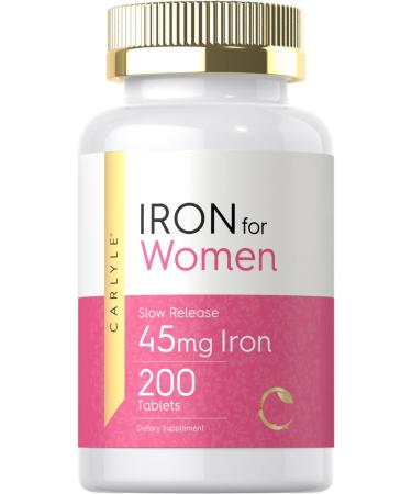 Iron Pills for Women | 45mg | 200 Slow Release Tablets | Vegetarian  Non-GMO  Gluten Free Supplement | by Carlyle - Buy Online on GoSupps.com